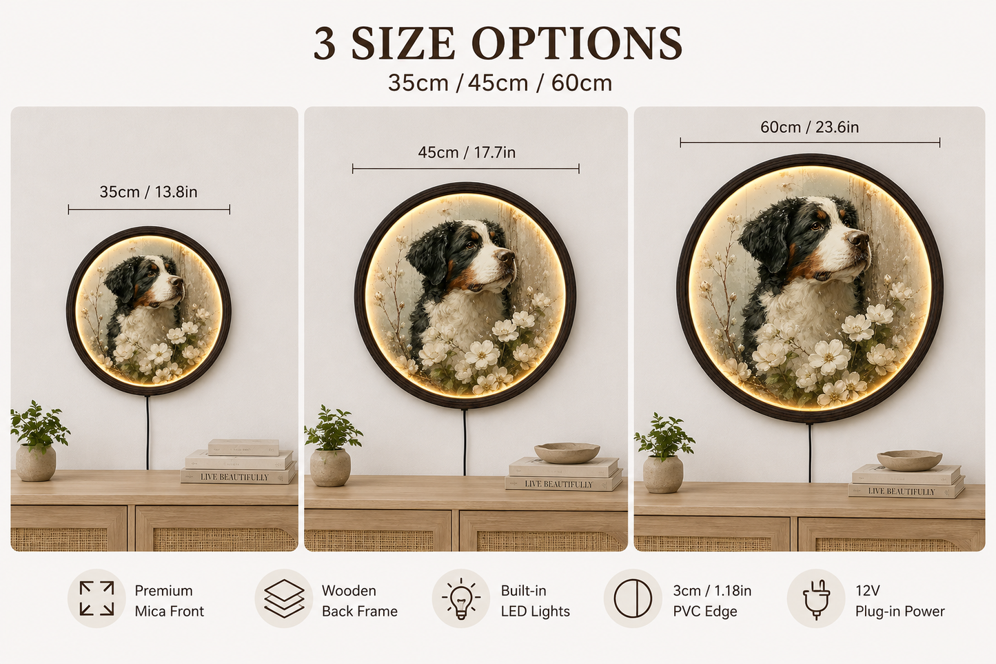 Illuminated Bernese Mountain Dog Floral Wall Art – Rustic LED Lighted Round Wall Decor