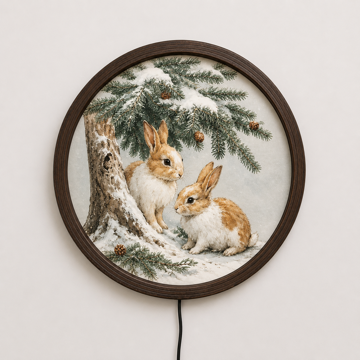 Rustic Woodland Bunny LED Wall Art – Round Winter Rabbit Lighted Wall Decor