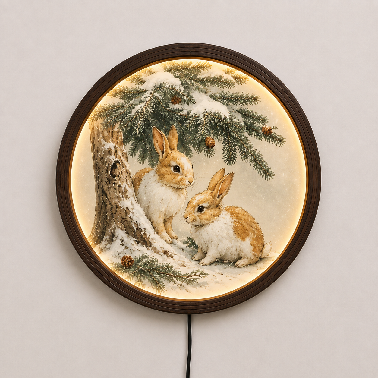 Rustic Woodland Bunny LED Wall Art – Round Winter Rabbit Lighted Wall Decor