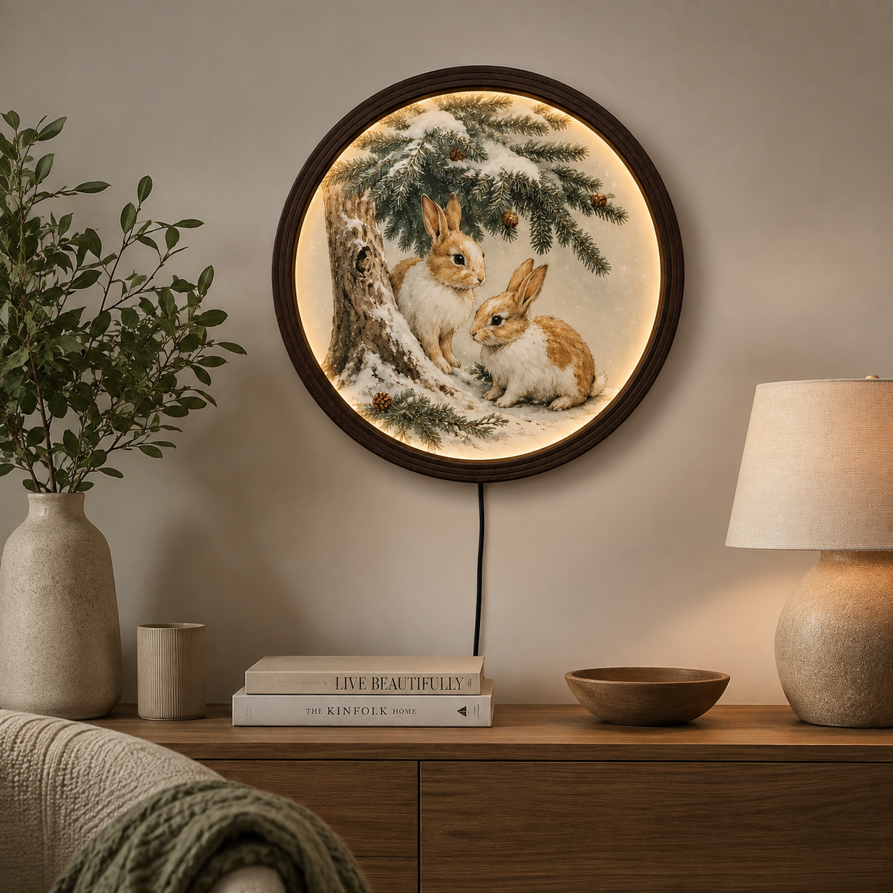 Rustic Woodland Bunny LED Wall Art – Round Winter Rabbit Lighted Wall Decor