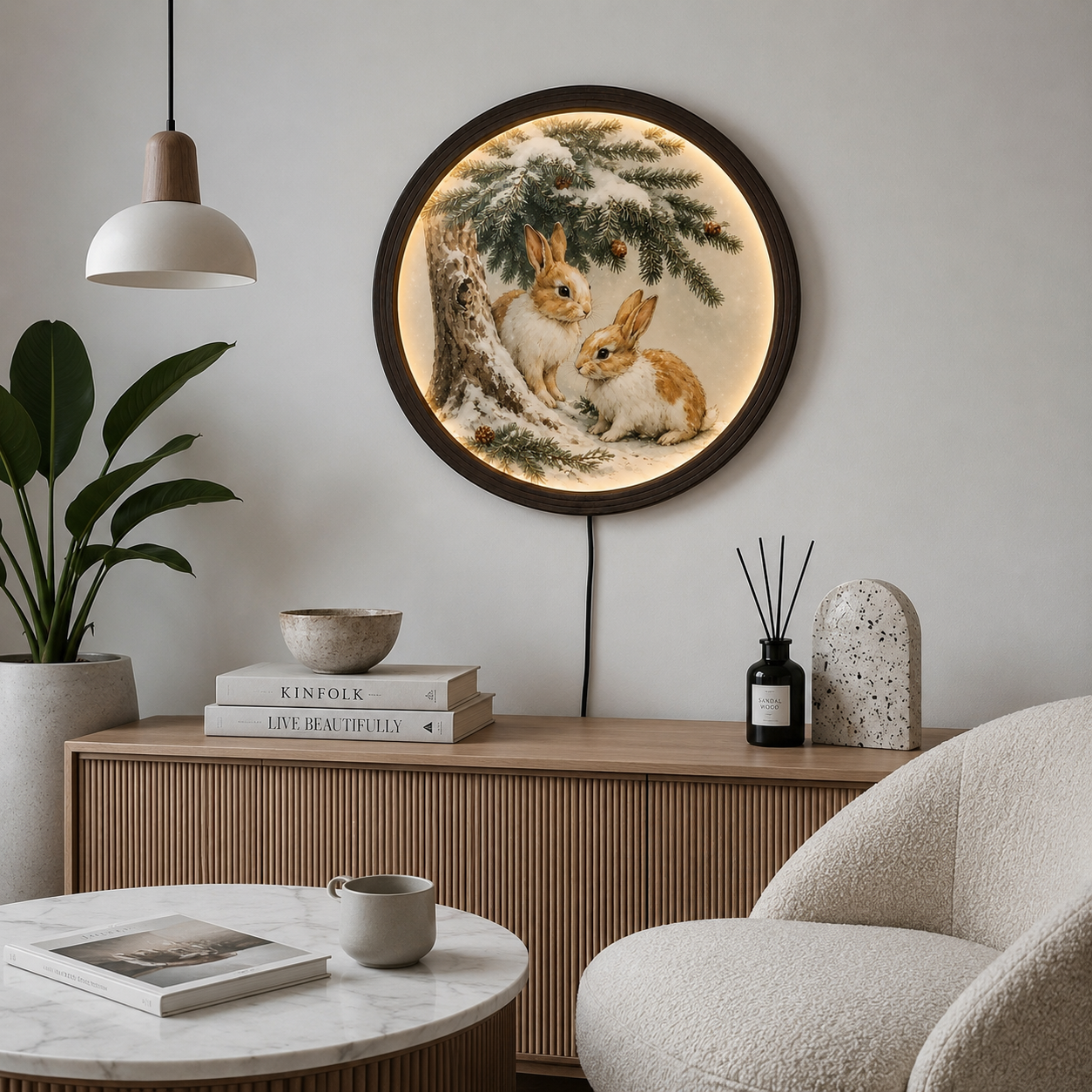 Rustic Woodland Bunny LED Wall Art – Round Winter Rabbit Lighted Wall Decor