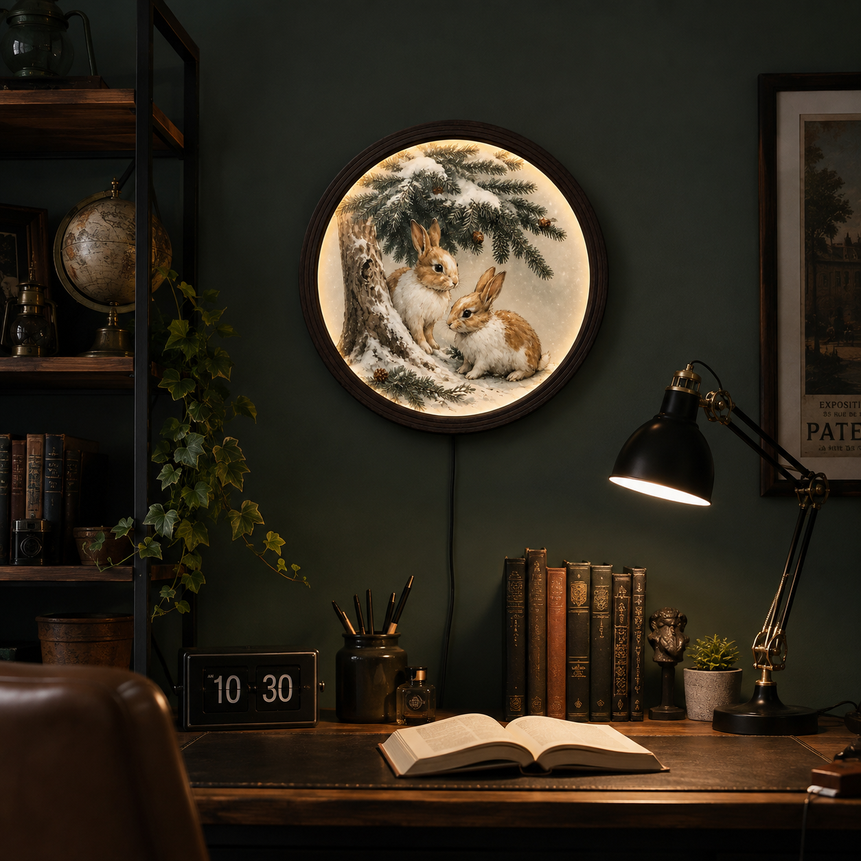 Rustic Woodland Bunny LED Wall Art – Round Winter Rabbit Lighted Wall Decor