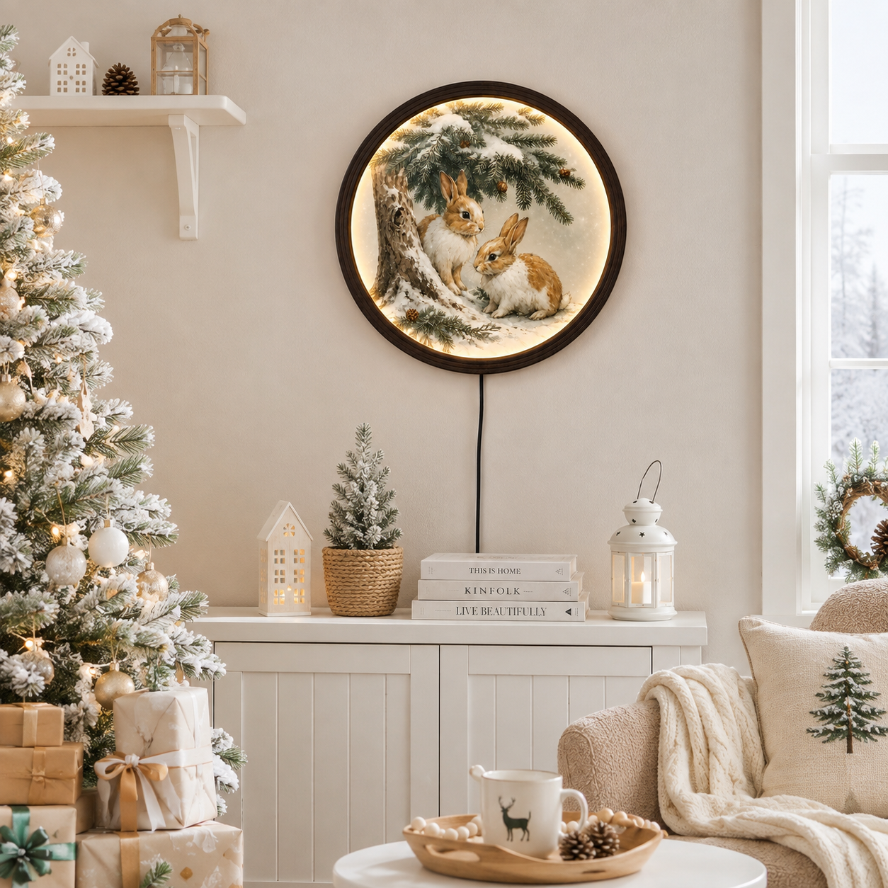 Rustic Woodland Bunny LED Wall Art – Round Winter Rabbit Lighted Wall Decor