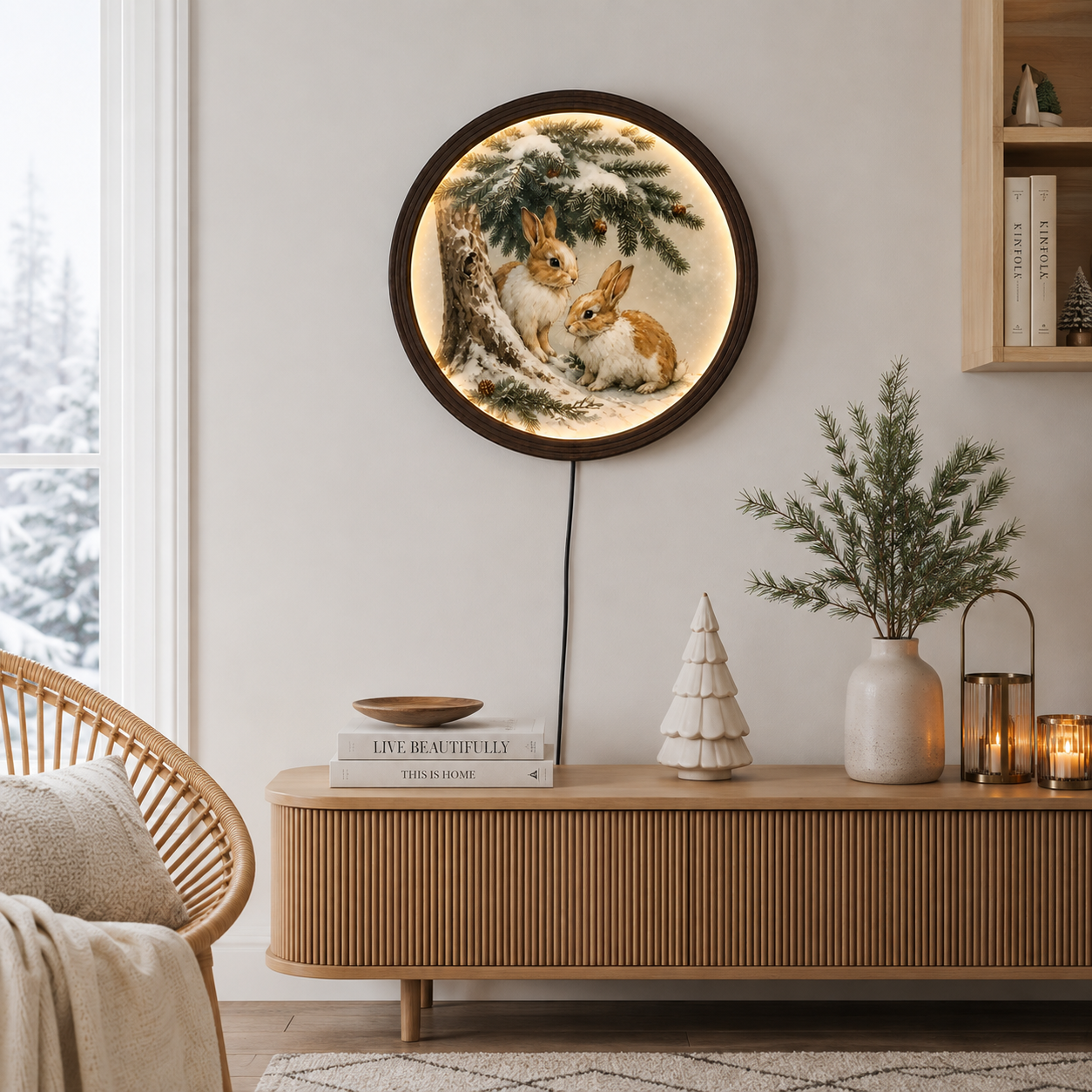 Rustic Woodland Bunny LED Wall Art – Round Winter Rabbit Lighted Wall Decor