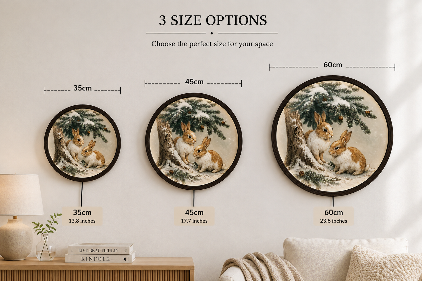 Rustic Woodland Bunny LED Wall Art – Round Winter Rabbit Lighted Wall Decor