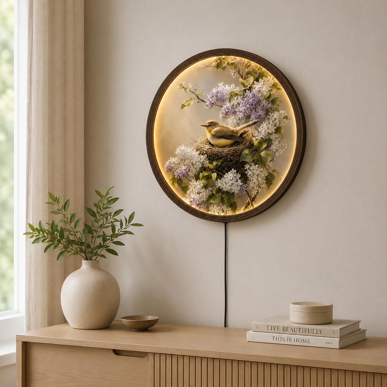 Illuminated Bird & Floral Round Wall Art – LED Backlit Nature Home Decor