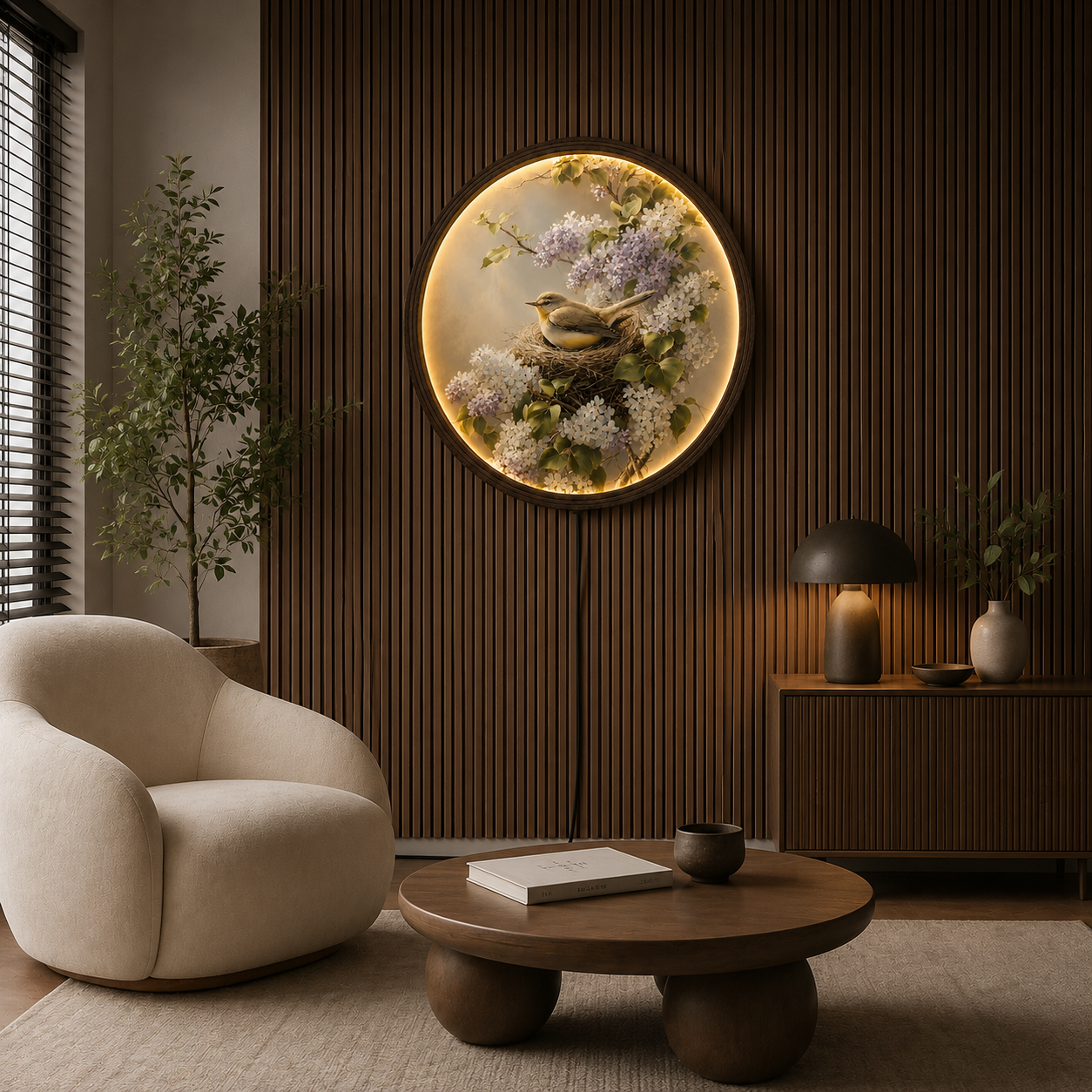 Illuminated Bird & Floral Round Wall Art – LED Backlit Nature Home Decor
