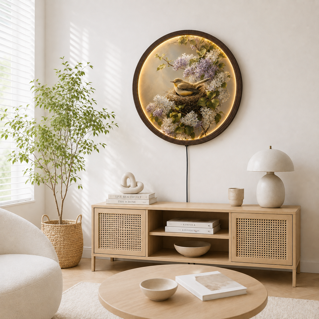 Illuminated Bird & Floral Round Wall Art – LED Backlit Nature Home Decor