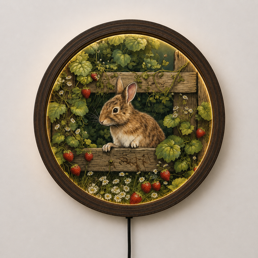 Rustic Woodland Rabbit Wall Art – Round LED Lighted Wall Decor, Cottagecore Nature Home Accent