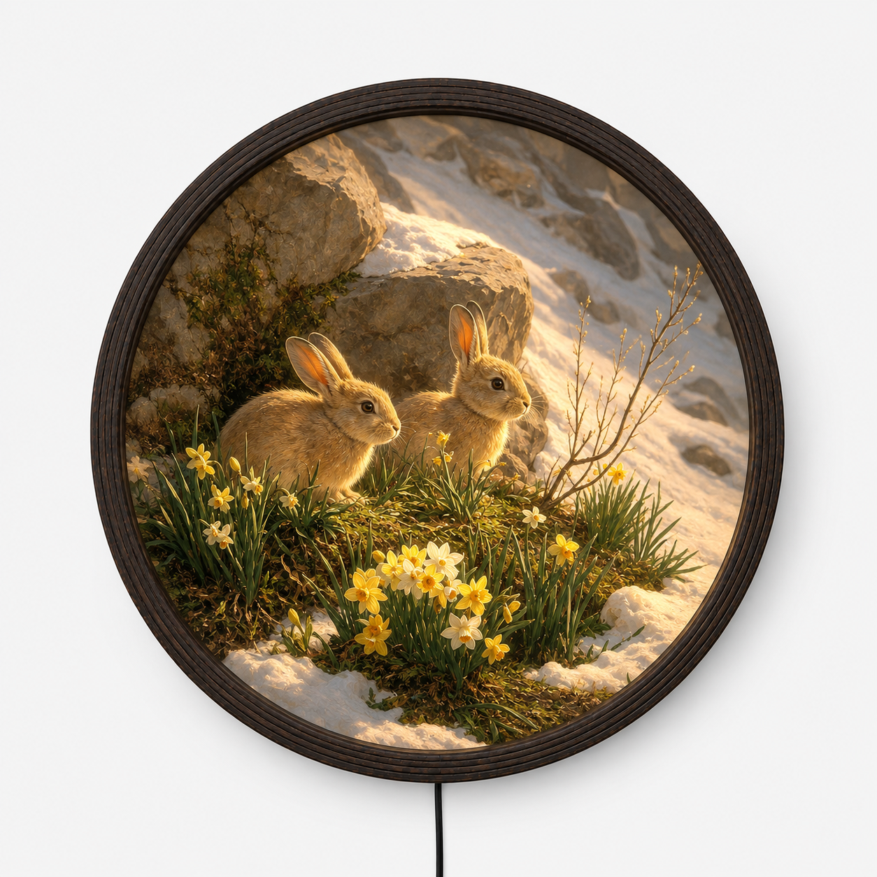 LED Illuminated Round Wall Art - Two Wild Rabbits in Spring Flowers