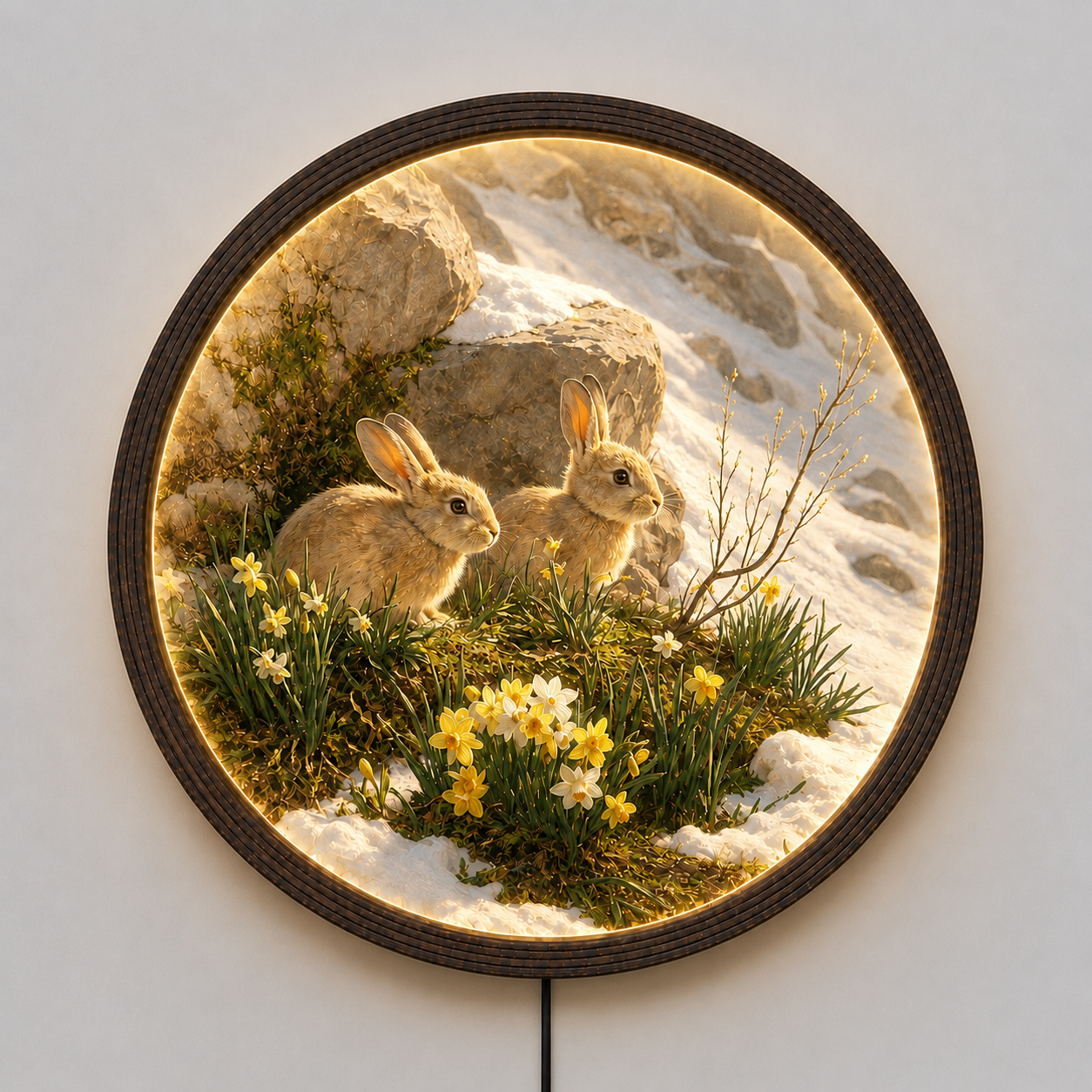 LED Illuminated Round Wall Art - Two Wild Rabbits in Spring Flowers