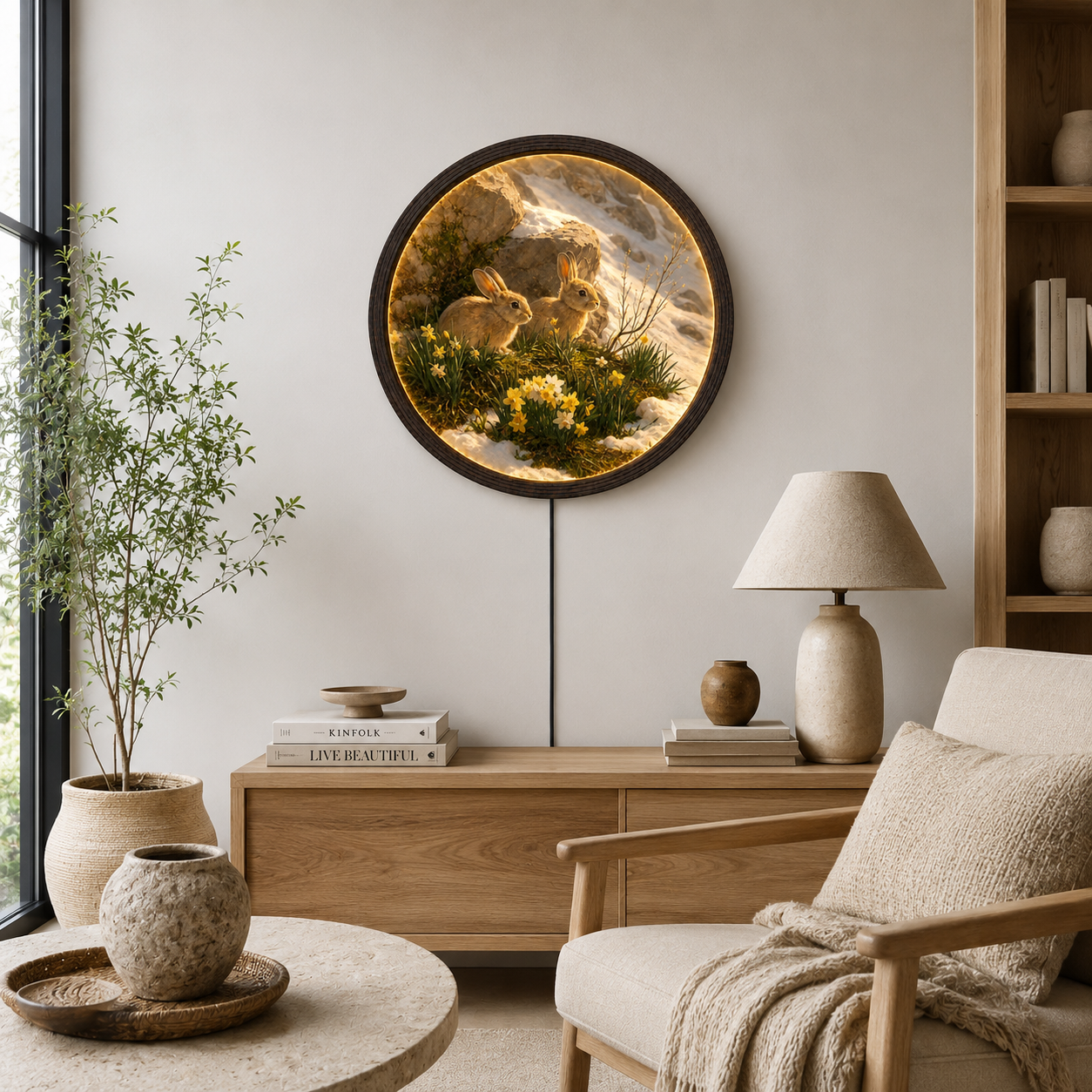 LED Illuminated Round Wall Art - Two Wild Rabbits in Spring Flowers