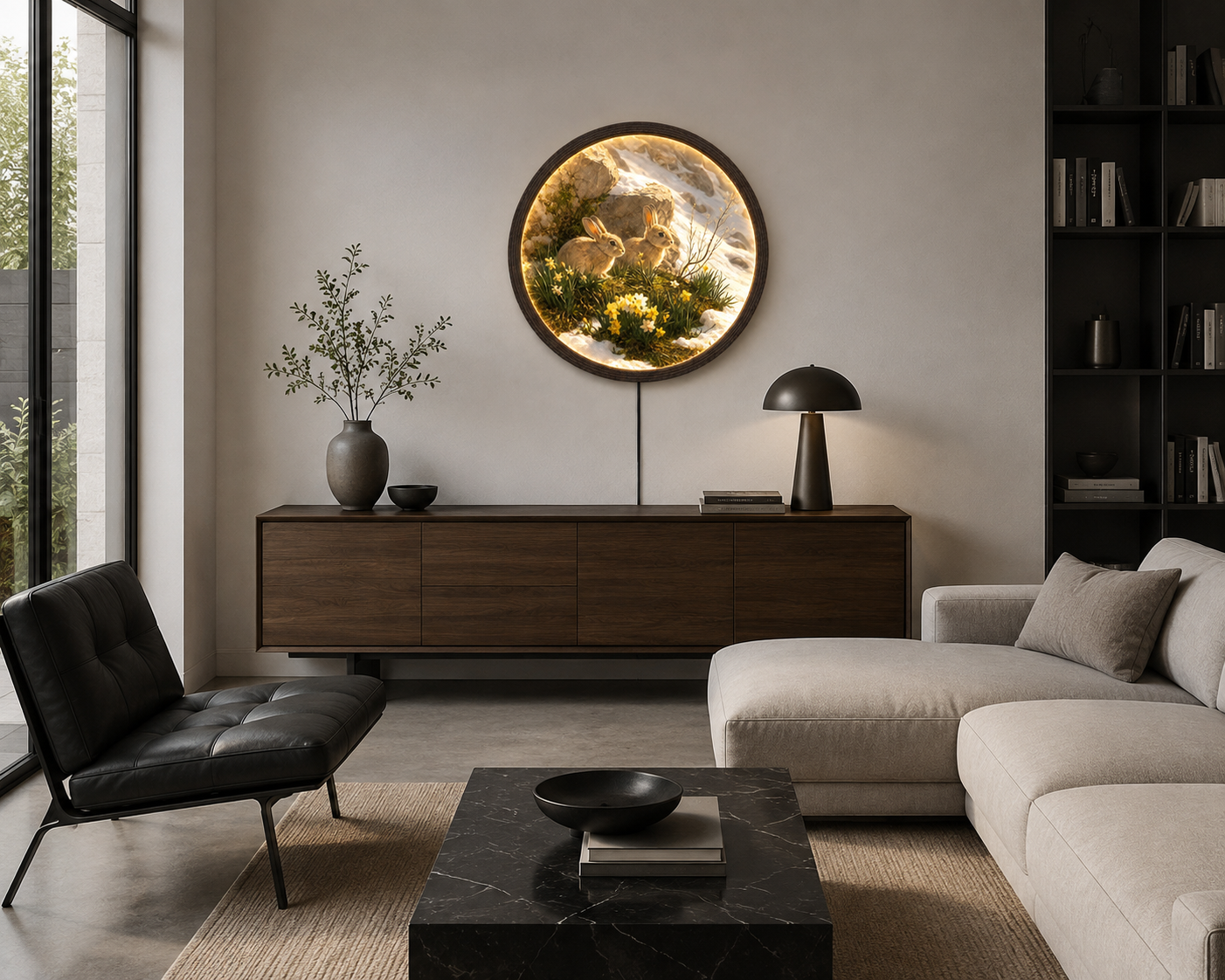 LED Illuminated Round Wall Art - Two Wild Rabbits in Spring Flowers