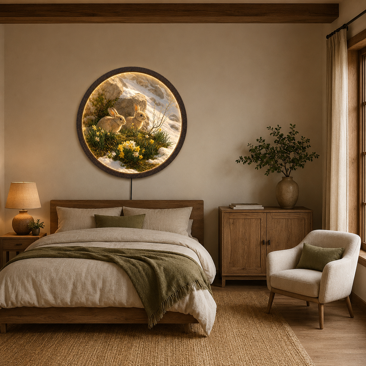 LED Illuminated Round Wall Art - Two Wild Rabbits in Spring Flowers