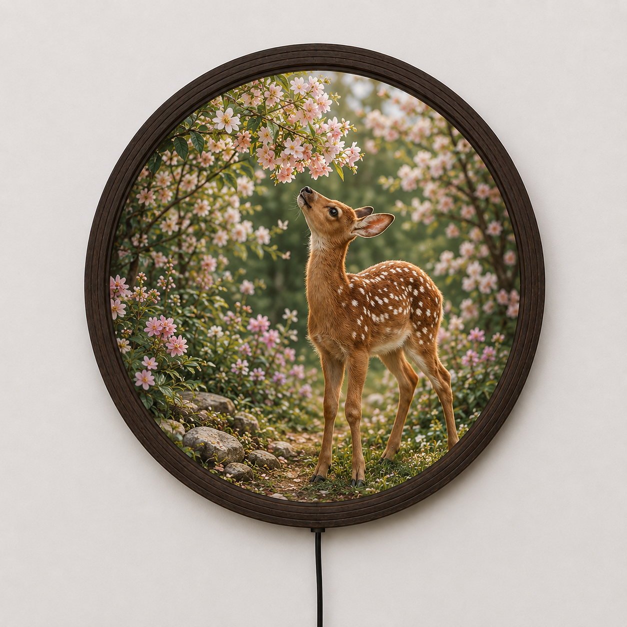LED Illuminated Round Wall Art – Baby Deer & Cherry Blossom Nature Canvas Decor