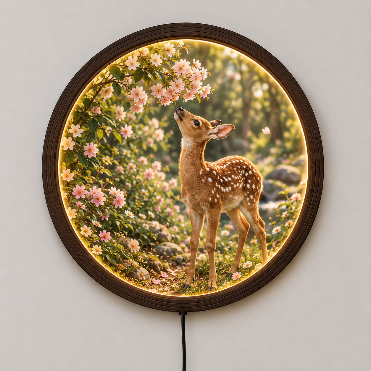 LED Illuminated Round Wall Art – Baby Deer & Cherry Blossom Nature Canvas Decor