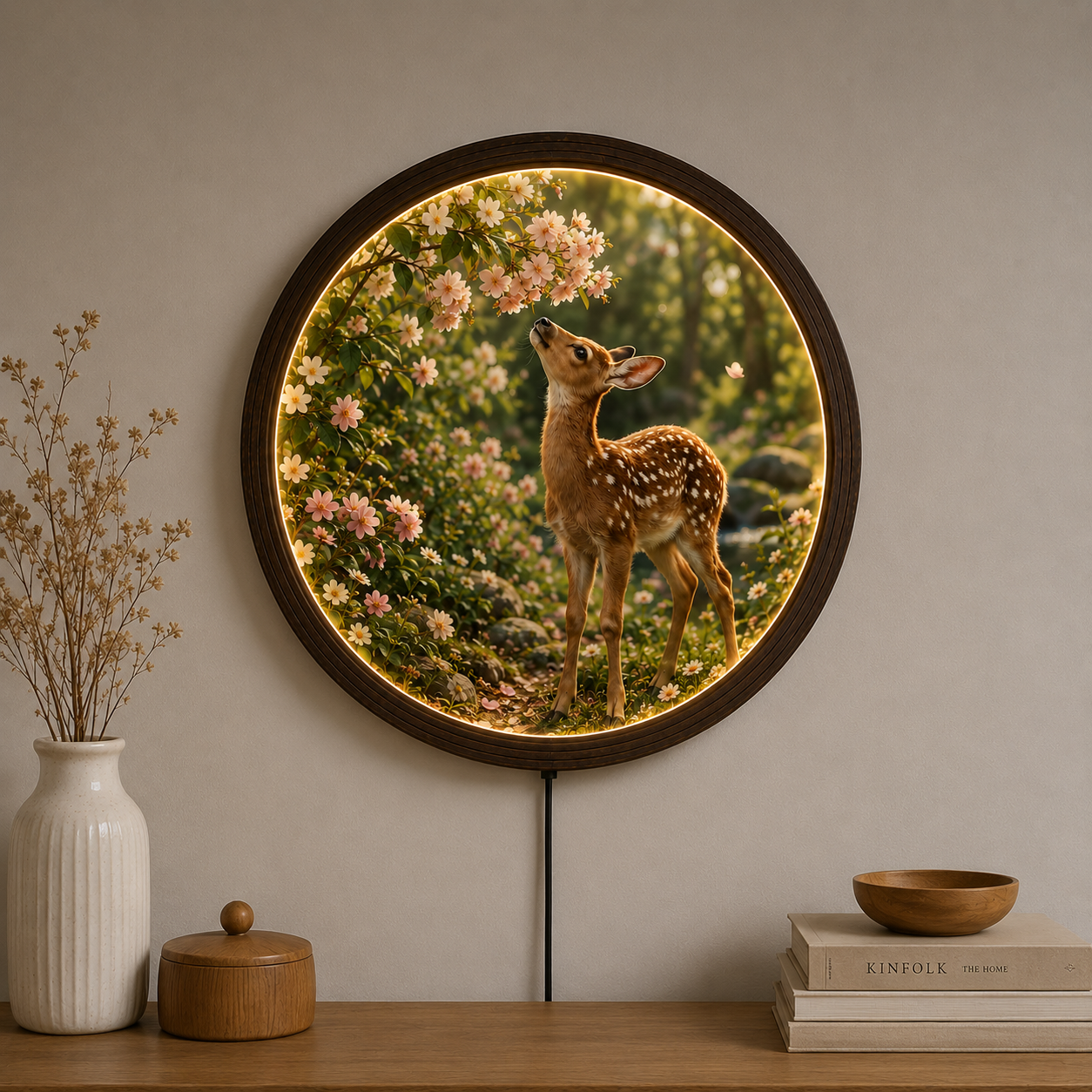 LED Illuminated Round Wall Art – Baby Deer & Cherry Blossom Nature Canvas Decor