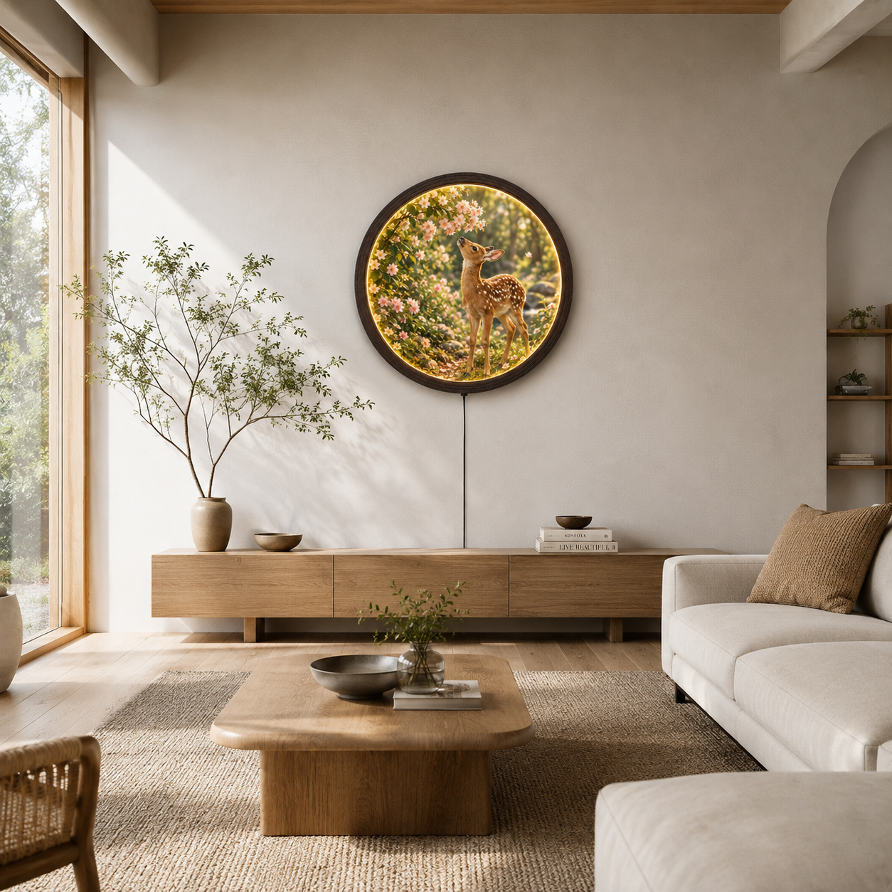 LED Illuminated Round Wall Art – Baby Deer & Cherry Blossom Nature Canvas Decor