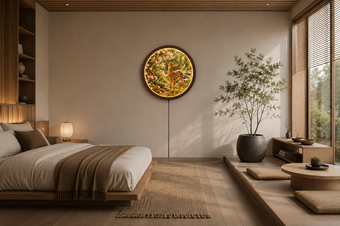 LED Illuminated Round Wall Art – Baby Deer & Cherry Blossom Nature Canvas Decor