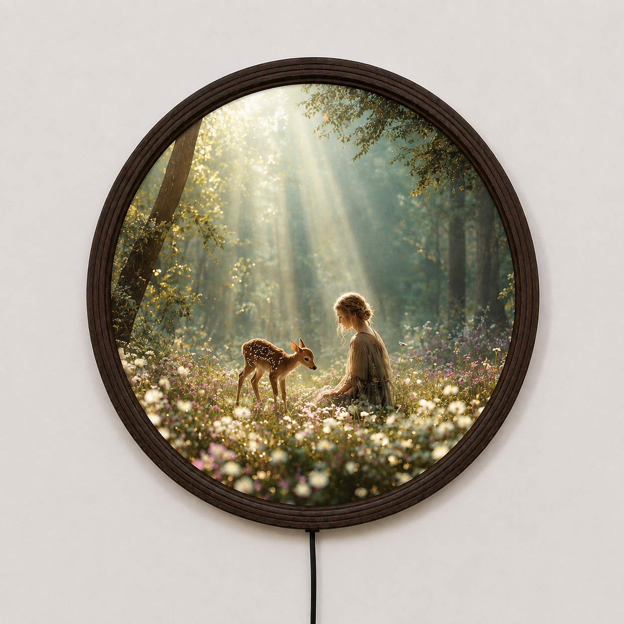 Illuminated Enchanted Forest Girl & Fawn Round LED Wall Art Light