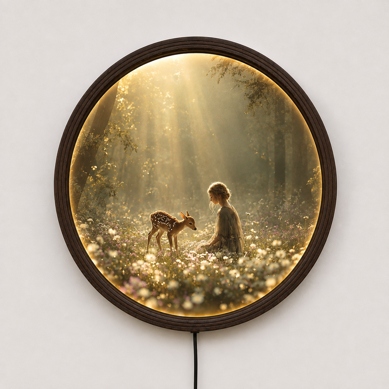 Illuminated Enchanted Forest Girl & Fawn Round LED Wall Art Light