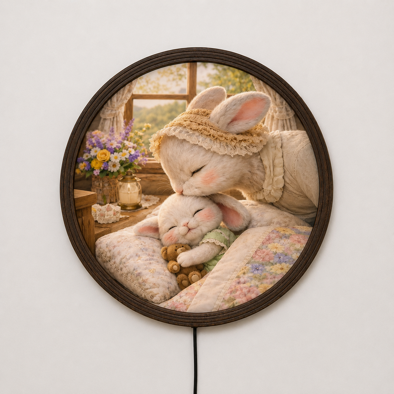 Cozy Bunny Mother & Baby Illuminated Round Wall Art | Cute Nursery LED Wall Light