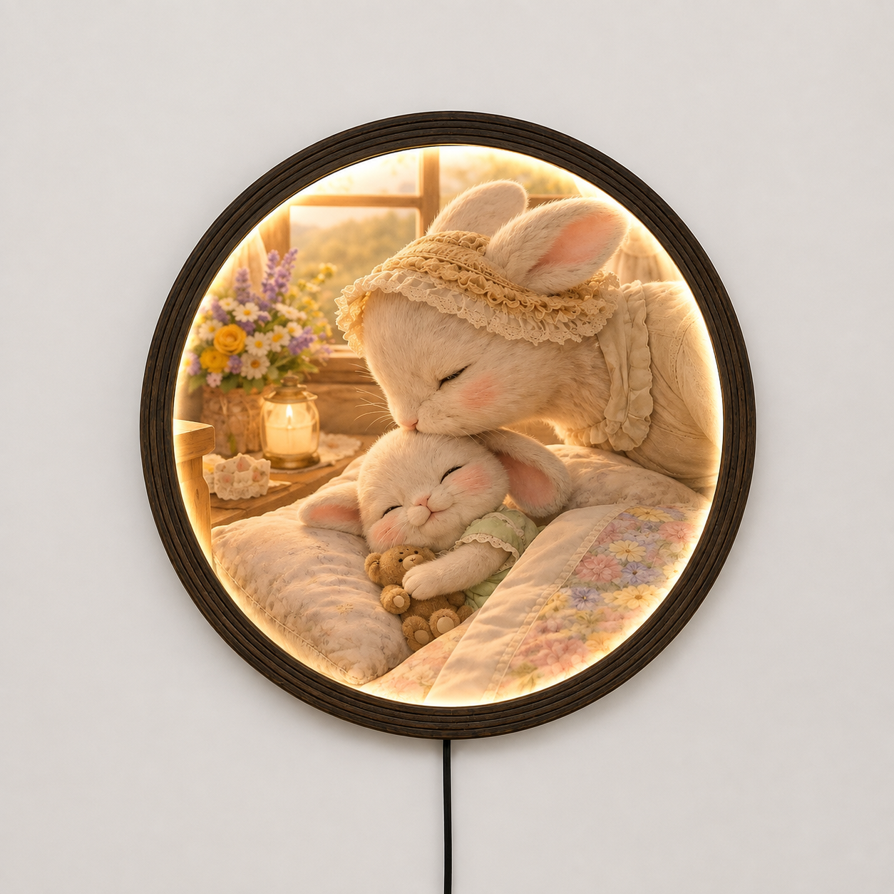 Cozy Bunny Mother & Baby Illuminated Round Wall Art | Cute Nursery LED Wall Light