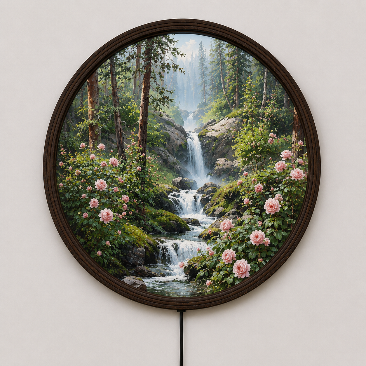Illuminated Forest Waterfall & Pink Roses Round Canvas Wall Art with LED Backlight
