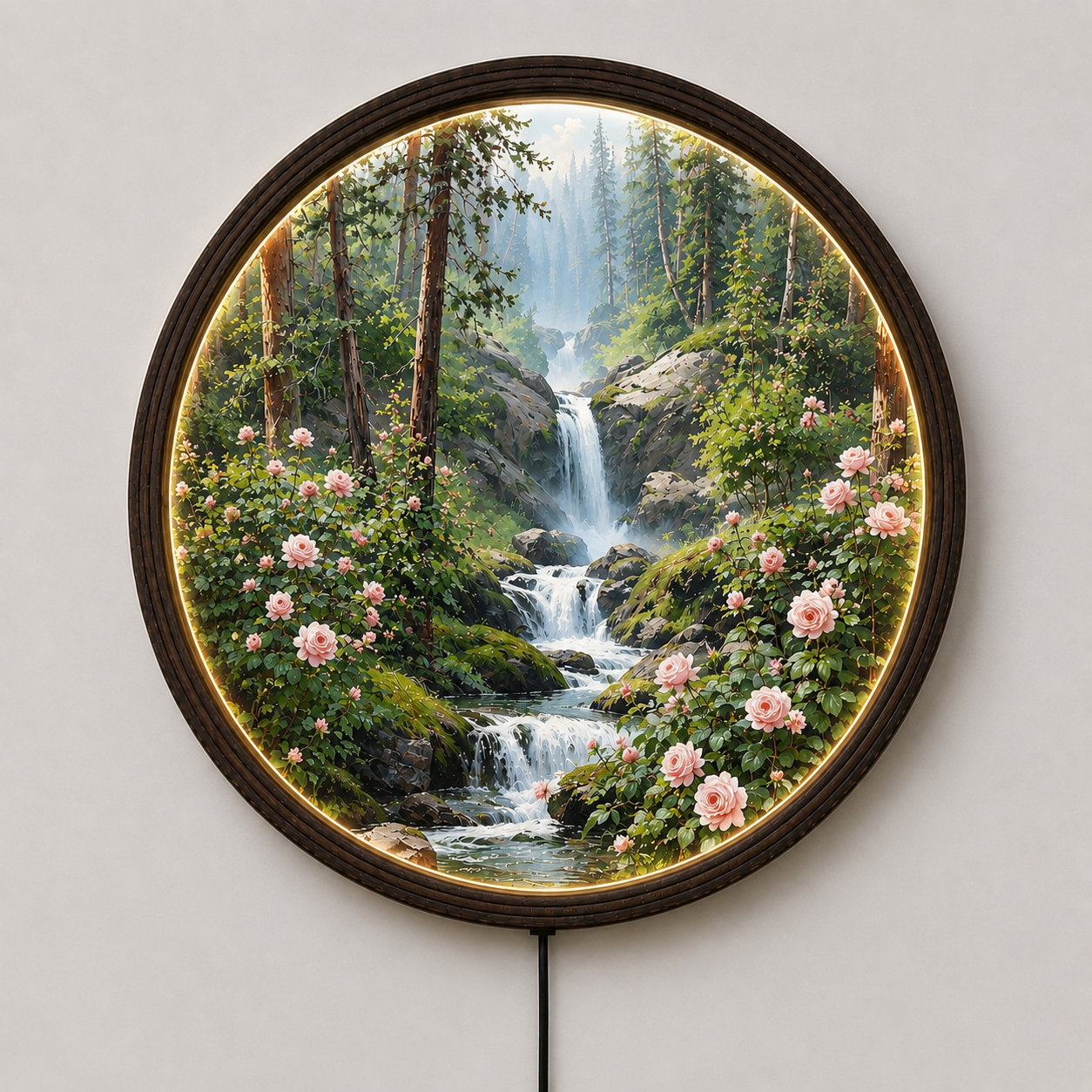 Illuminated Forest Waterfall & Pink Roses Round Canvas Wall Art with LED Backlight