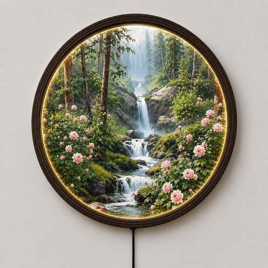 Illuminated Forest Waterfall & Pink Roses Round Canvas Wall Art with LED Backlight