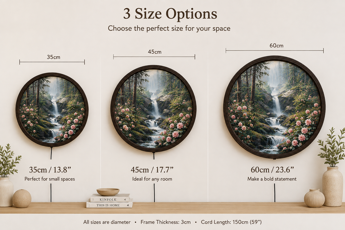 Illuminated Forest Waterfall & Pink Roses Round Canvas Wall Art with LED Backlight