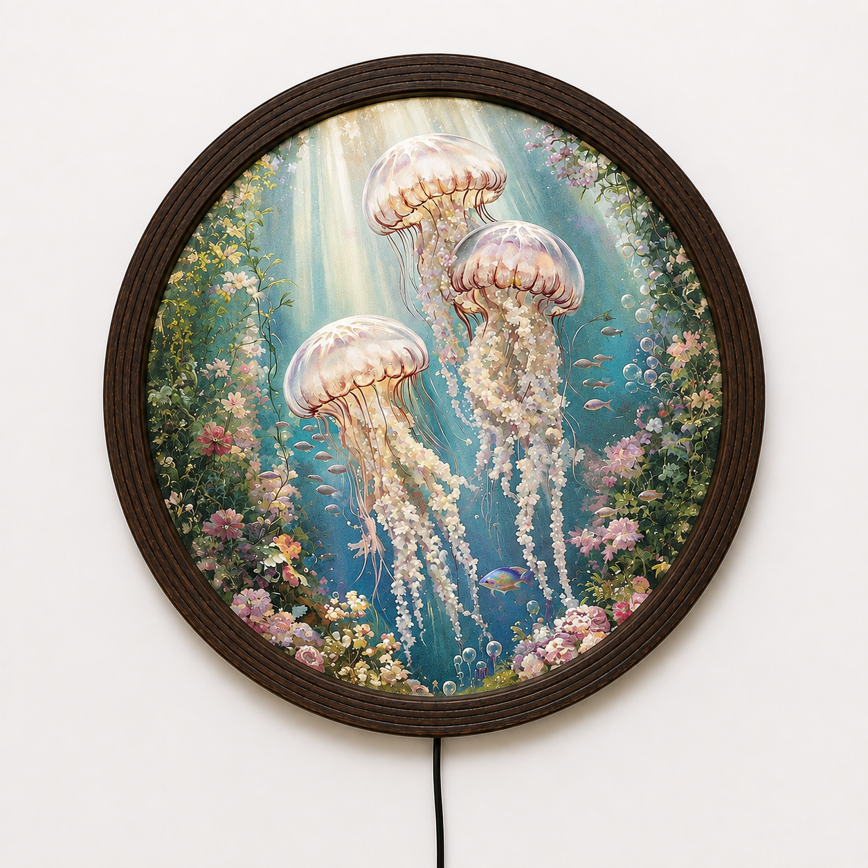 Illuminated Round Jellyfish Ocean Wall Art – LED Light-Up Coastal Wooden Framed Sign