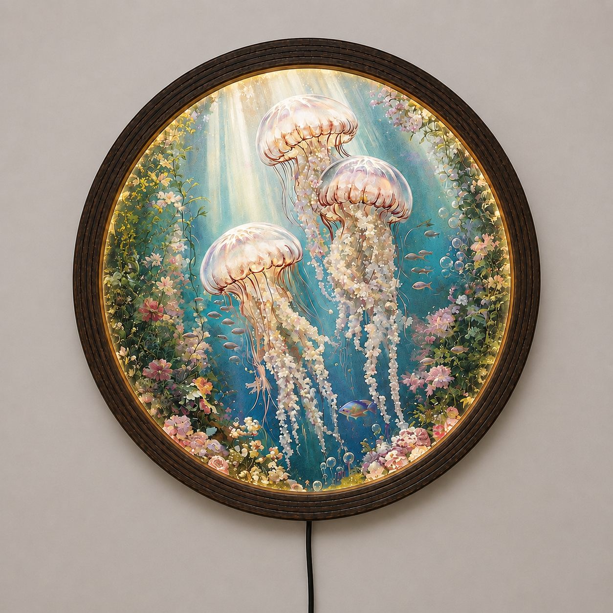 Illuminated Round Jellyfish Ocean Wall Art – LED Light-Up Coastal Wooden Framed Sign
