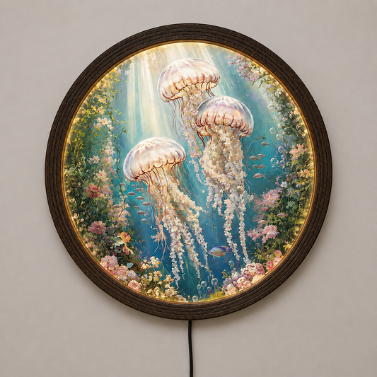 Illuminated Round Jellyfish Ocean Wall Art – LED Light-Up Coastal Wooden Framed Sign
