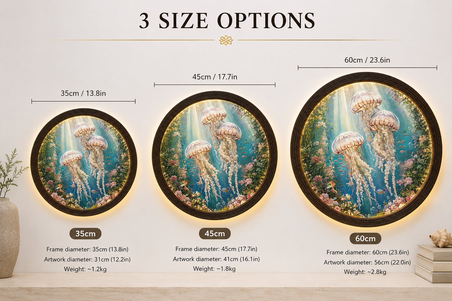 Illuminated Round Jellyfish Ocean Wall Art – LED Light-Up Coastal Wooden Framed Sign