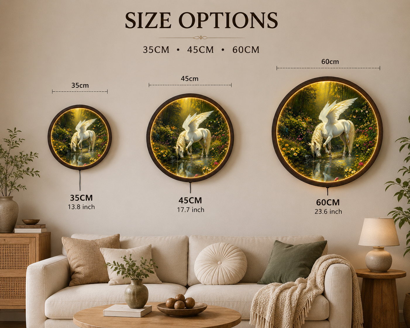 Illuminated Majestic Pegasus Round LED Canvas Wall Art – Enchanted Forest Light Up Picture