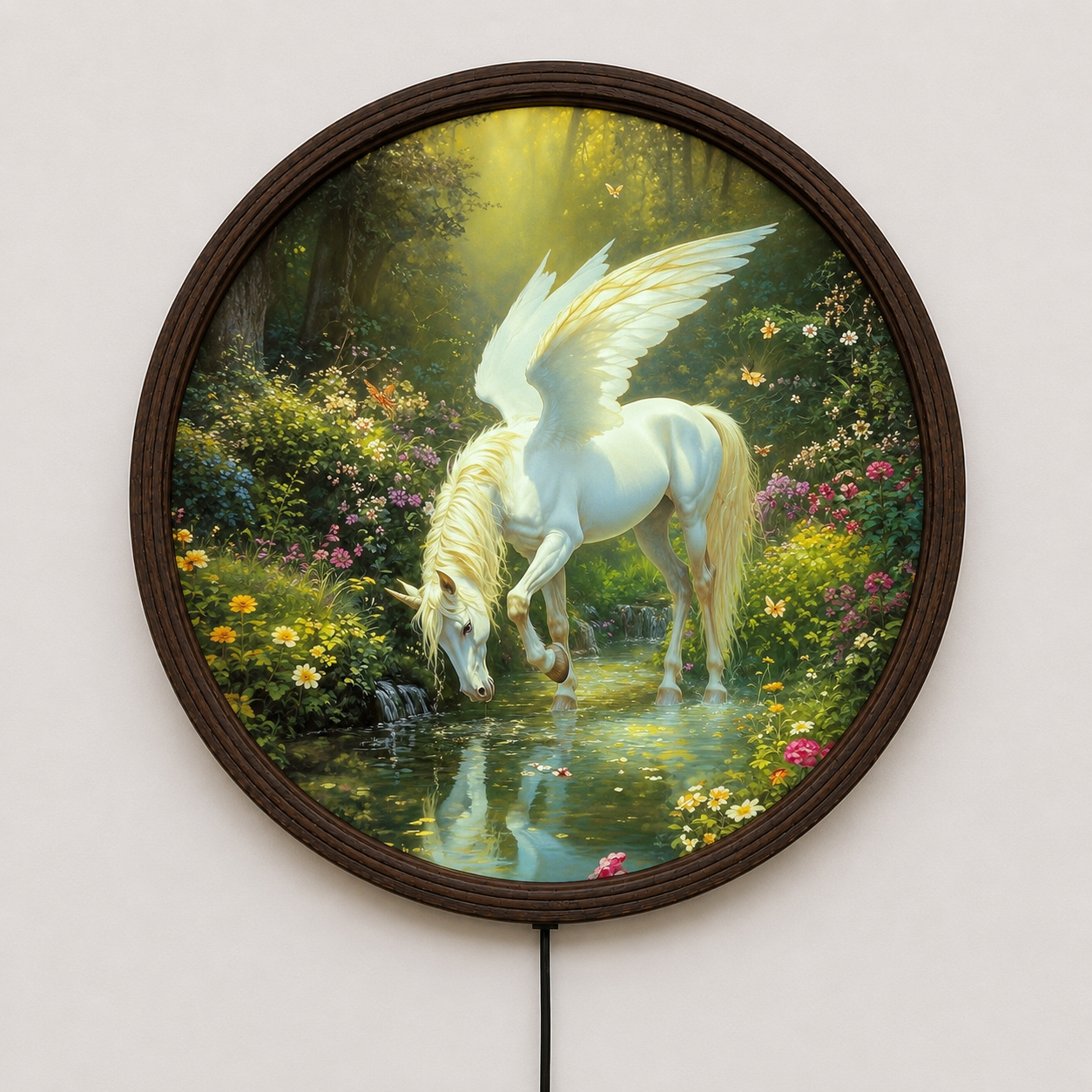 Illuminated Majestic Pegasus Round LED Canvas Wall Art – Enchanted Forest Light Up Picture