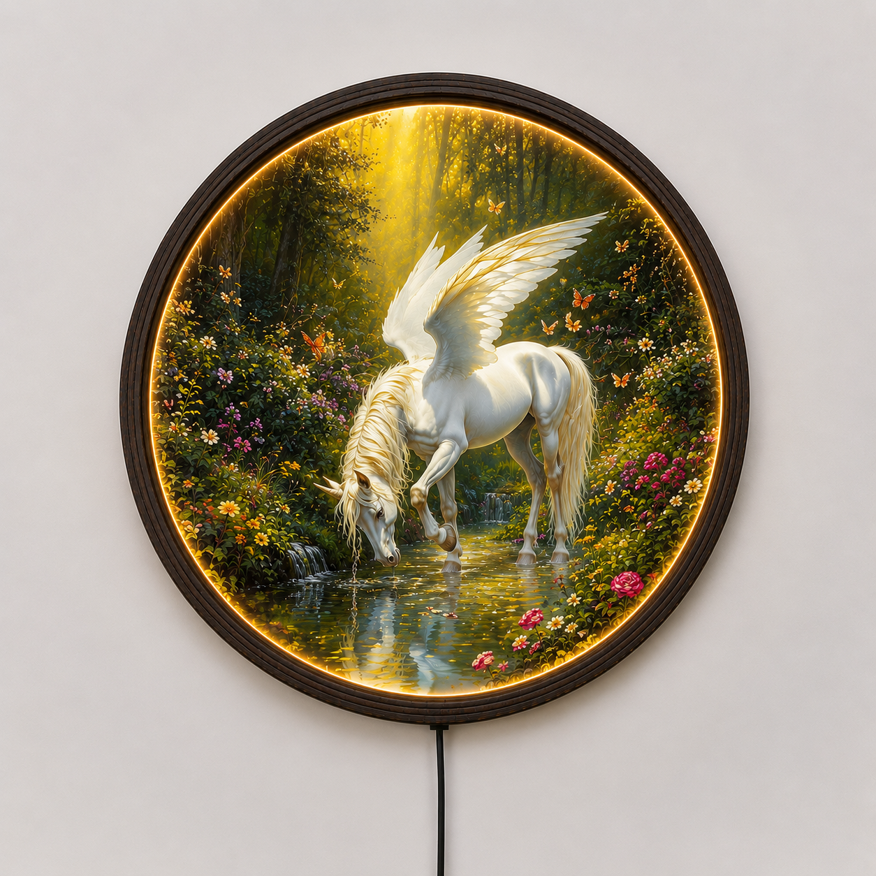 Illuminated Majestic Pegasus Round LED Canvas Wall Art – Enchanted Forest Light Up Picture