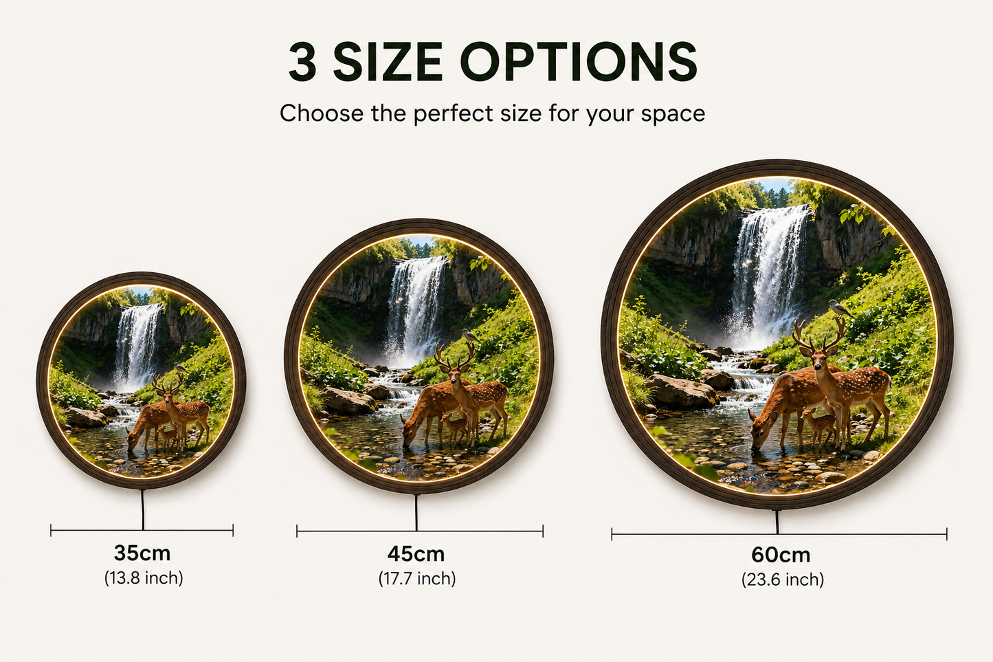 Illuminated Round Nature Wall Art – Waterfall & Deer Family LED Framed Decor