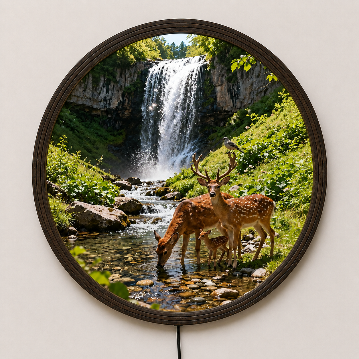 Illuminated Round Nature Wall Art – Waterfall & Deer Family LED Framed Decor