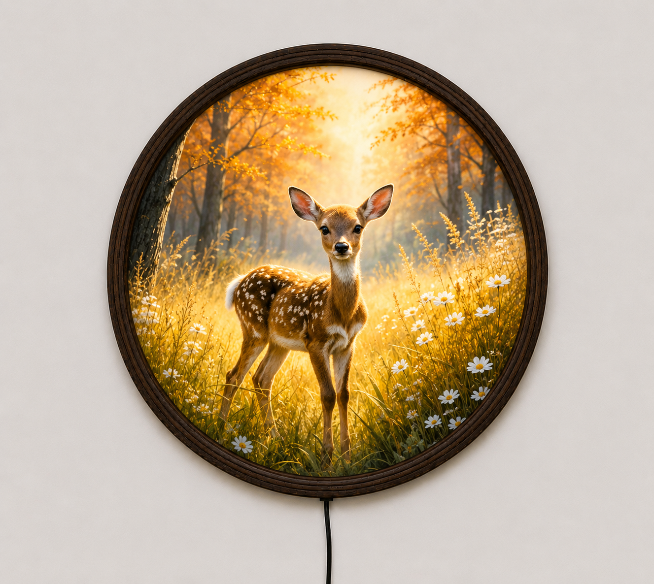Golden Autumn Deer LED Wall Light | Round Nature Wooden Frame Wall Decor