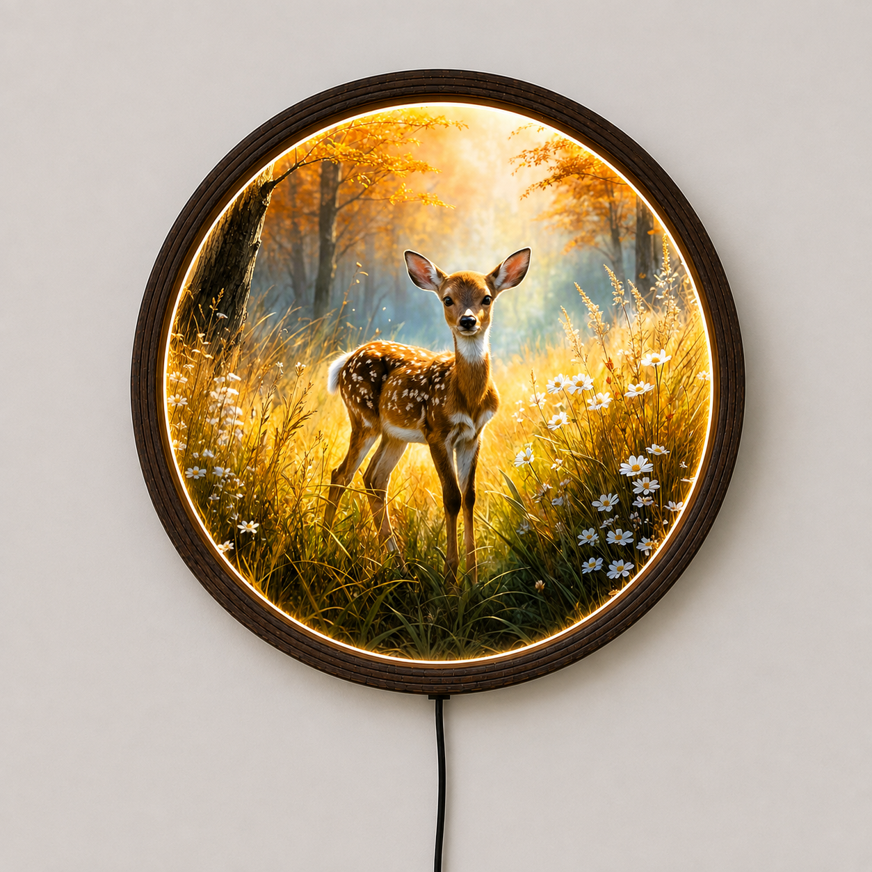 Golden Autumn Deer LED Wall Light | Round Nature Wooden Frame Wall Decor