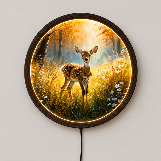 Golden Autumn Deer LED Wall Light | Round Nature Wooden Frame Wall Decor
