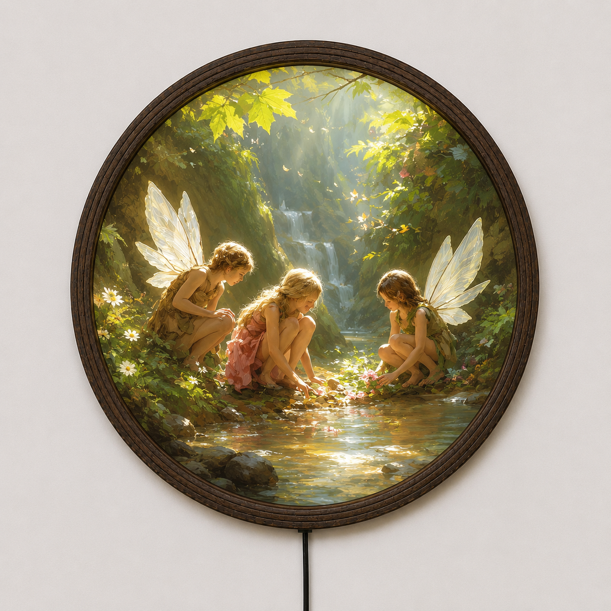 Enchanted Forest Fairies LED Wall Art – Round Illuminated Nature Landscape Canvas Frame