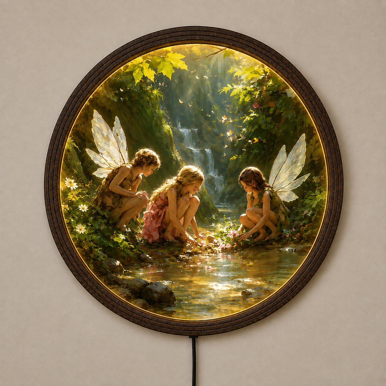 Enchanted Forest Fairies LED Wall Art – Round Illuminated Nature Landscape Canvas Frame