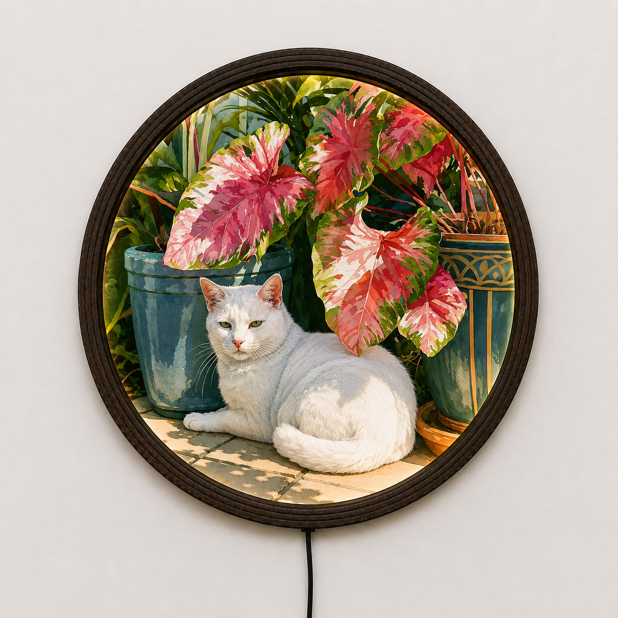 White Cat in Tropical Garden Round Wooden Framed Wall Art