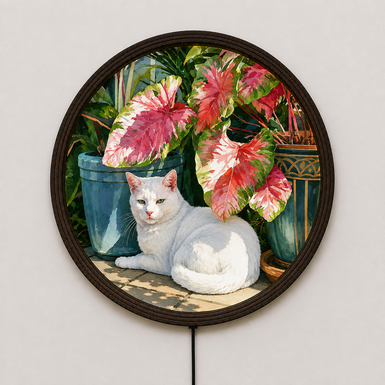 White Cat in Tropical Garden Round Wooden Framed Wall Art