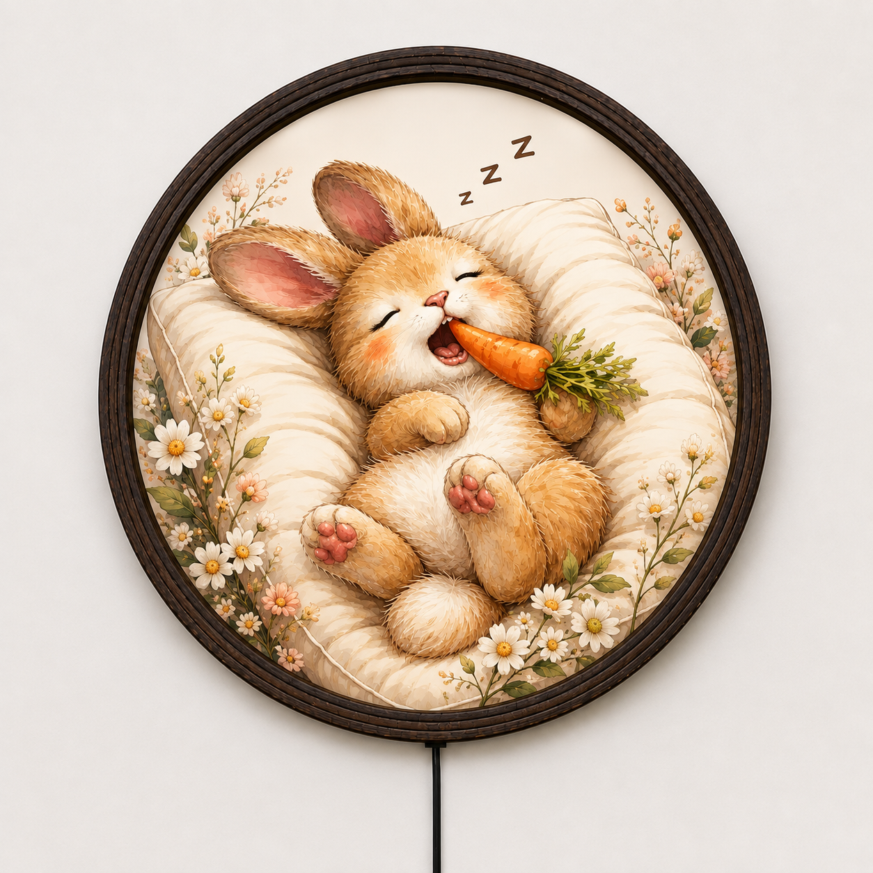 Cute Sleeping Bunny LED Wall Art, Round Wooden Frame Night Light