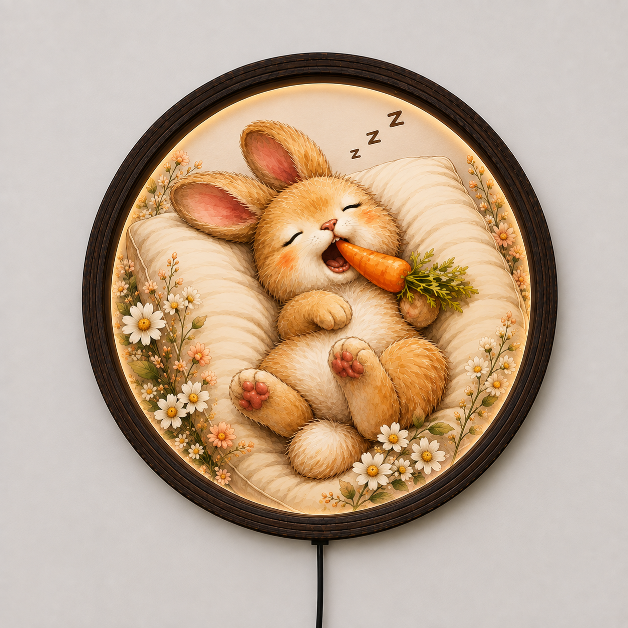 Cute Sleeping Bunny LED Wall Art, Round Wooden Frame Night Light