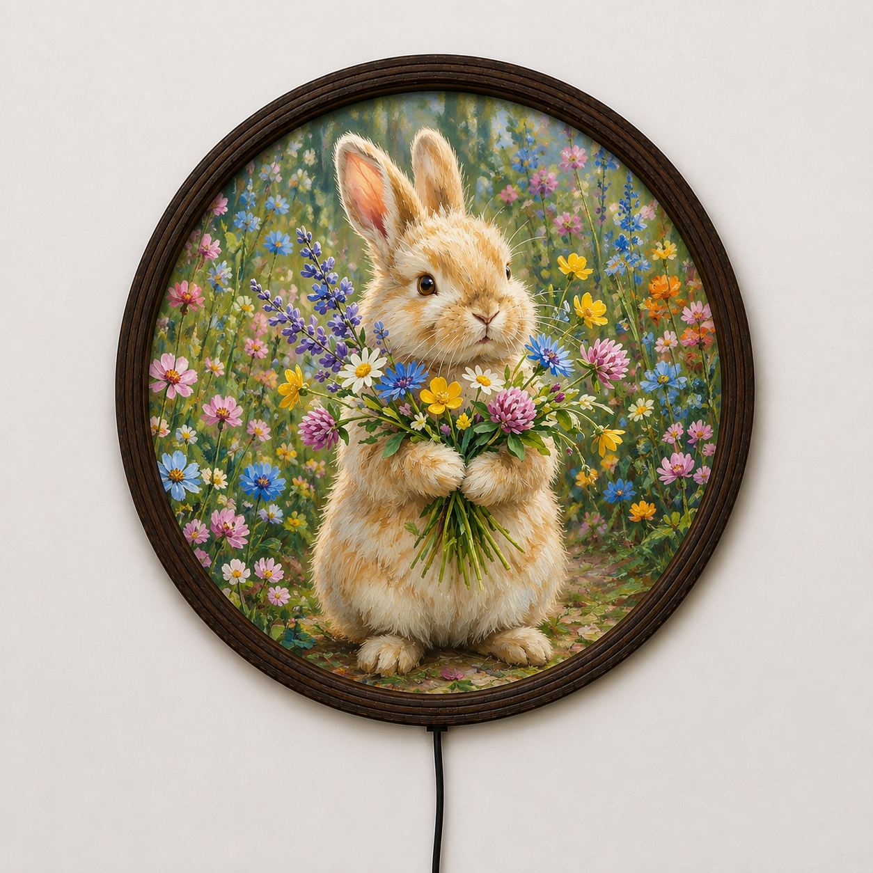 Cute Bunny with Wildflowers Round LED Wall Art | Illuminated Floral Rabbit Wall Decor